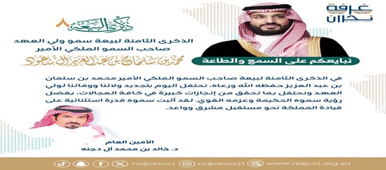 كلمة أمين عام غرفة نجران د. خالد بن محمد آل دجنه بمناسبة بيعة ولي العهد الثامنة لصاحب السمو الملكي الأمير محمد بن سلمان بن عبد العزيز"حفظه الله ورعاه".