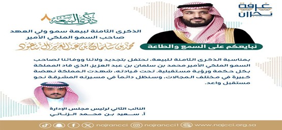 كلمة النائب الثاني لرئيس مجلس إدارة غرفة نجران أ. سعيد بن محمد الزناتي بمناسبة بيعة ولي العهد الثامنة لصاحب السمو الملكي الأمير محمد بن سلمان بن عبد العزيز"حفظه الله ورعاه".