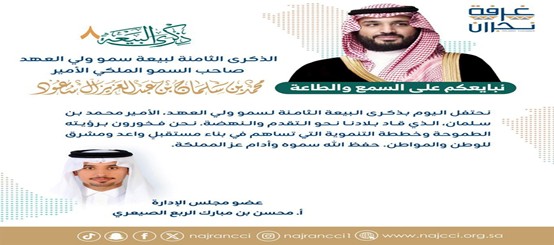 كلمة عضو مجلس إدارة غرفة نجران أ. محسن بن مبارك الصيعري بمناسبة بيعة ولي العهد الثامنة لصاحب السمو الملكي الأمير محمد بن سلمان بن عبد العزيز"حفظه الله ورعاه".