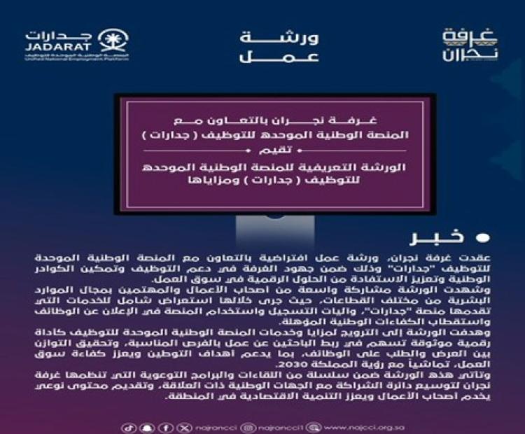 عقدت غرفة نجران ورشة عمل افتراضية بالتعاون مع المنصة الوطنية الموحدة للتوظيف "جدارات"